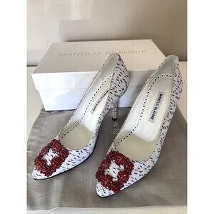 $1245 Manolo Blahnik Hangisi Jacquard White Black Red Toe Pump Size 37 shoes